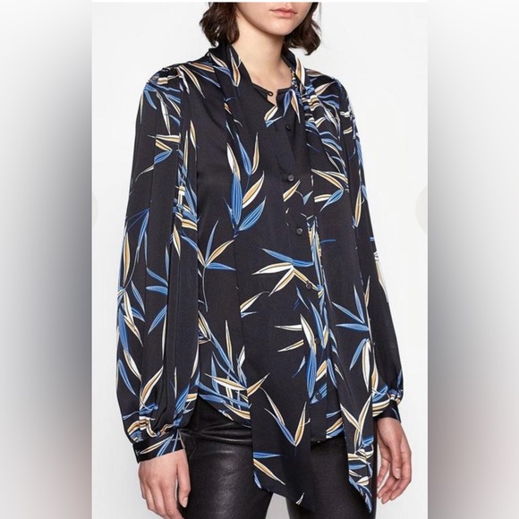 Equipment Cleone Tie Neck Black Printed Satin Blouse - Picture 5 of 10